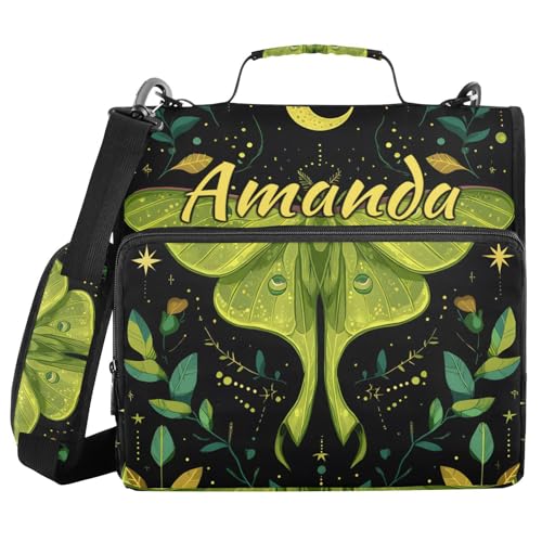 Image of Custom 3 Ring Zipper Binder Mystical Green Moon Moth Boho Personalized Name 1.5 inch Binders Large Capacity Multi Pockets for School Office Supplies