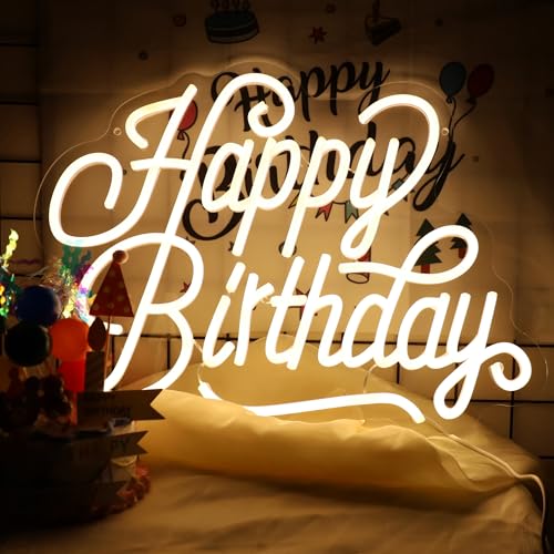 Happy Birthday Neon Sign For Backdrop Birthday Decorations LED Neon Light Signs for Birthday Led Light Up Sign Party Decor Dimmable Warm White LED for Birthday Gift 16.5