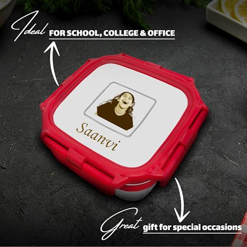 Image of SAVRI Personalized Stainless Steel Lunch Box for Kids - Customized Laser Photo & Name Printed | Square Food Storage Tiffin Box Lunch Box for Baby, Toddler & Children. (Red)
