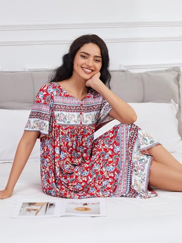Image of CRIPOM Womens Nightgown Short Sleeve House Dress with Pockets-Floral Print Mumu Dress S-3XL