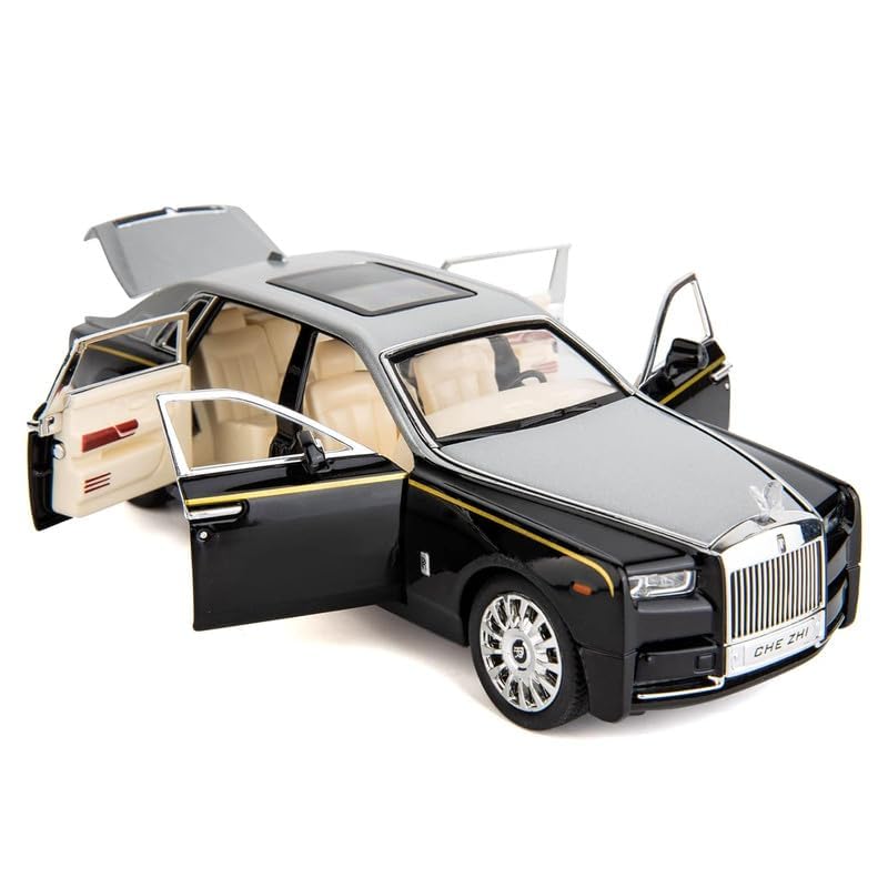 Image of WORSHIPER Model Car Zinc Alloy Pull Back Toy Diecast Toy Cars with Openable Doors, Sound and Light for Kids Boy Girl Gift (1:24 Rolls-Royce Phantom(Silver-Black))