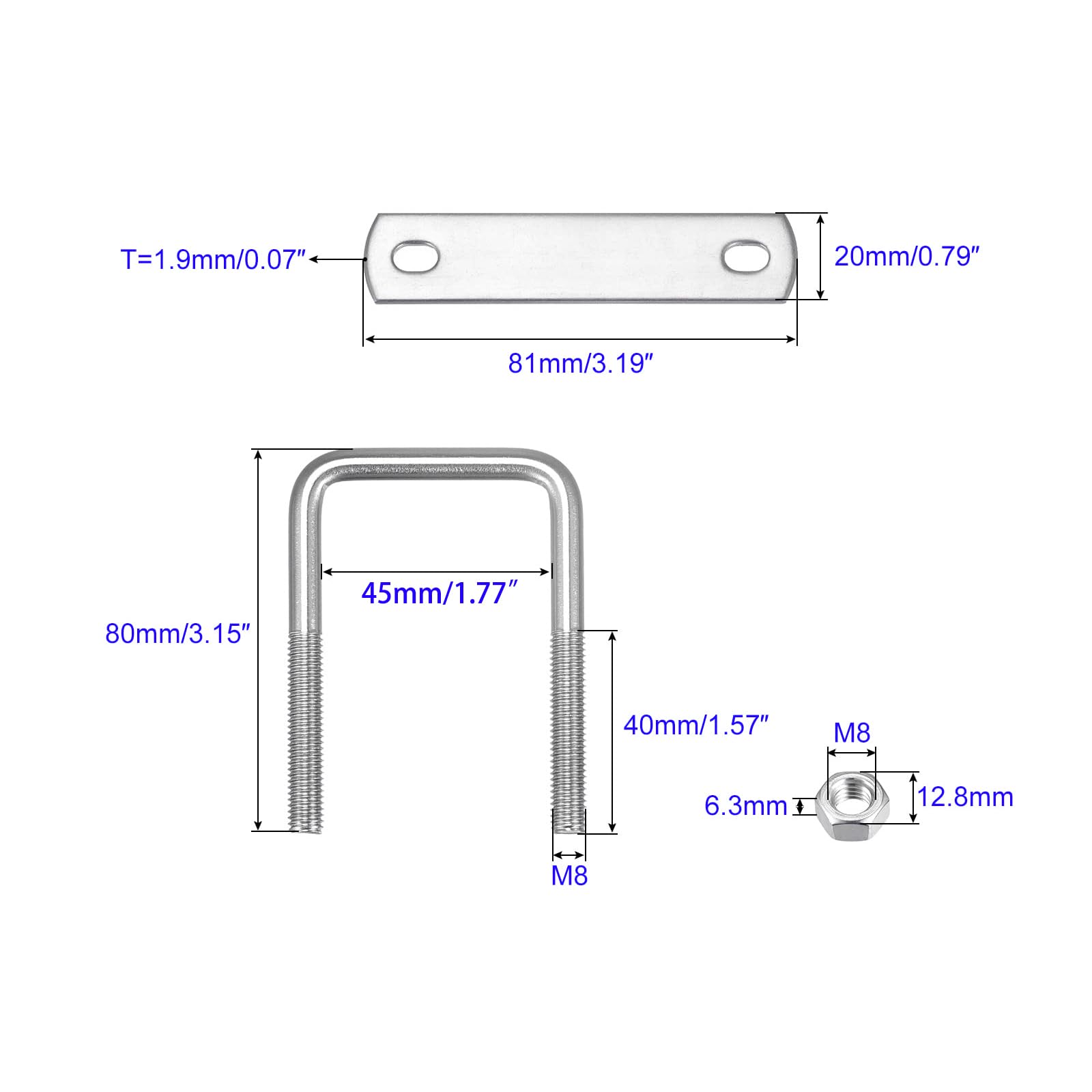MACHSWON Square U-Bolt,1 Set 304 Stainless Steel M8 U Bolts 45mm(1.85") Inner Width 80mm Length with Nuts and Frame Plate for Automobiles Boat Trailer - Image 2