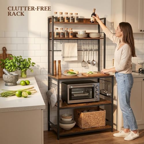 Image of 5-Tier Kitchen Organizer Rack|Multipurpose Microwave Stand for Kitchen Platform & OTG Oven|Steel Utensils Storage Shelf with Hooks | Engineered Wood & Metal Rack for Home | 80x40x170 cm | Rustic Brown