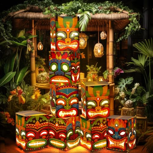 Janlaugh 8 Pcs Tiki Totem Box Decor with Light, Luau Party Decorations for Hawaiian Birthday Party Tropical Aloha Decor 9.84