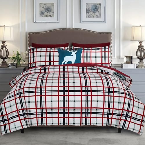Image of Elegant Comfort 8-Piece Cabin Lodge Patch Reversible Comforter Set - All Season Bed in a Bag, 4-Piece Sheet Set Featuring Smart Pockets, Matching Shams and Decorative Pillow, Twin /Twin XL, Burgundy