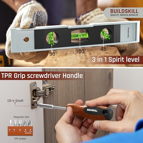 Image of BUILDSKILL 69 Pcs | 12V Cordless Drill Machine Tool Kit 10MM Keyless Chuck,Copper Armature, 3M Auto Measuring Tape, CRV Bits, TPR Screwdriver | Home Tools Box Kit with Drill Machine (6 Month Warranty)
