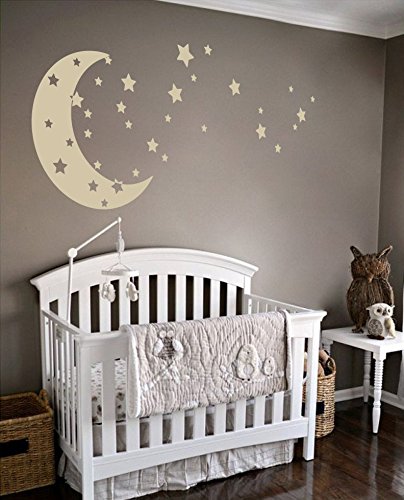 Moon and Stars Night Sky Vinyl Wall Art Decal Sticker Design for Nursery Room DIY Mural Decoration (Beige, 22x49 inches)