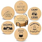 Cegkuc Coasters for Drinks with Holder Set of 6, Camping Coaster Absorbent Cork Wood for Cup Desk Office Table Kitchen Decor House Warming Gifts for New Home Couples, Round 4"