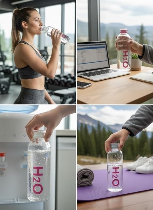 Image of Glass Borosilicate H2O Water Bottle With Cap 500ML | Leak Proof & Airtight Lid | Reusable Drinking Bottle for Office, School, College, Gym, Home & Travel,Daily Uses (H2O Clear - Set of 4)
