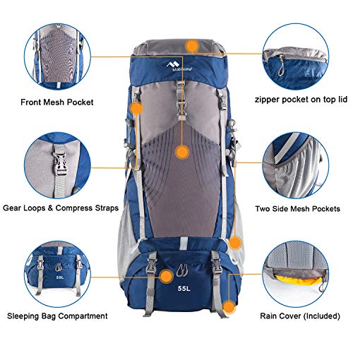 Mobihome Internal Frame Hiking Backpack 55+5L, Lightweight Camping Backpack With Water-Repellant Rain Cover For Women Men, Outdoor Traveling Backpacking Gear Blue Grey #TOP3