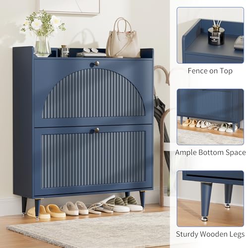Image of Shoe Storage Cabinet with 2 Flip Drawers, Shoe Organizer Storage with Adjustable Shelves, Freestanding Hidden Slim Narrow Shoe Rack Cabinet for Entryway, Hallway