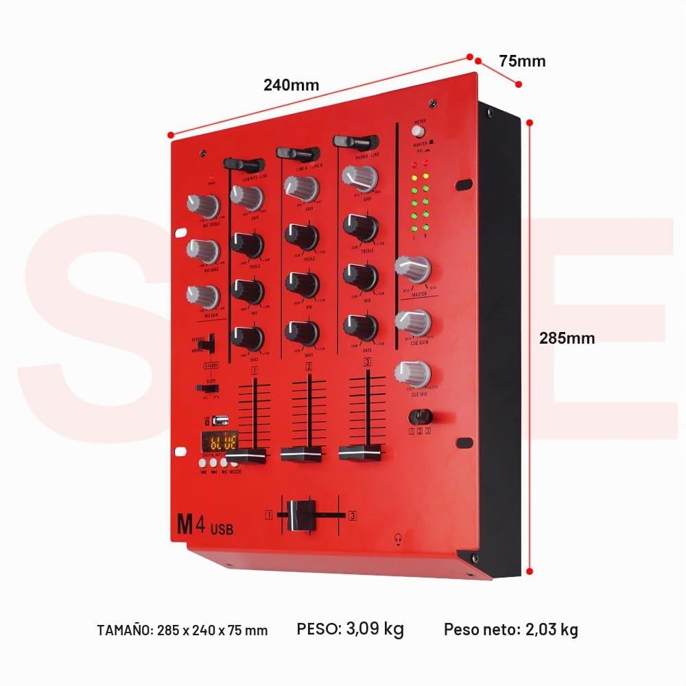 Mezclador de DJ de 4 canales M4 (rojo), mezclador de audio con Bluetooth y USB, crossfader, ecualizador de 3 bandas, control de ganancia y función de monitor de señal, tablero de sonido