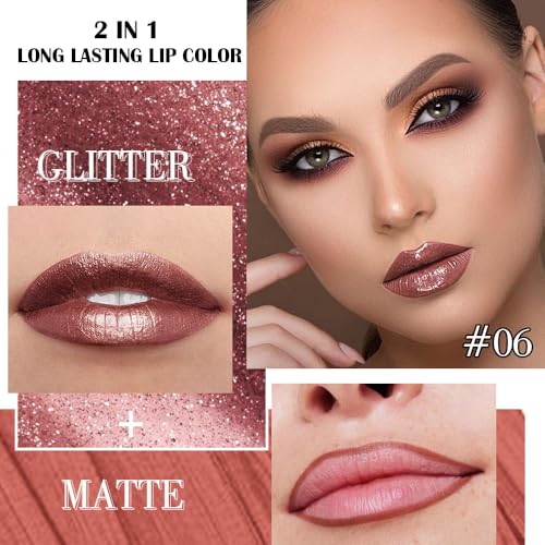 Image of evpct Dark Bronze Metallic Shimmer Lip Liner and Lipstick Combo Lip Gloss Stains Set Makeup for Women Long Lasting Waterproof 24, Iced Mocha Frosted Metallic Glitter Glossy iridescent Liquid Lipstick