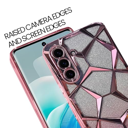 Image of VONZEE Gradient Glitter Case for Samsung A26, Luxury Electroplated 3D Cube, Diamond Bling Shiny Soft TPU Clear Shockproof Women Girls Protective Phone Cover (Rose Gold)