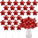 Chitidr 30 Pcs Mini Star Self Inflatable Balloons with Sticks Self Inflating Pentagram Balloons for Party Decorations Star Balloon Set for Graduation 4th of July Birthday Anniversary(Red,4 Inches)