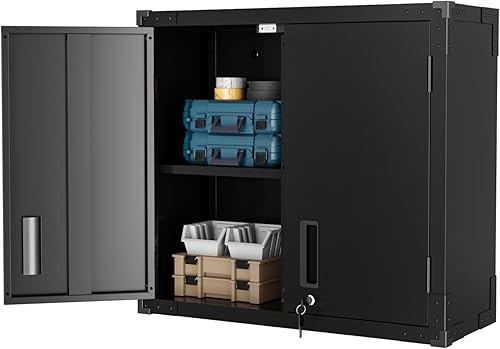 VINGLI Armario de Pared para Garaje con Puertas con Cerradura y Estante Ajustable, Gabinete de Pared de Metal, Gabinete de Almacenamiento Superior