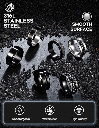 SAILIMUE 6 Pcs 6/8 MM Black Spinner Rings for Men Women Stainless Steel Fidget Ring Anxiety Stress Relieving Cool Chain Fashion Ring Set Wedding Promise Band Rings Size 7-132