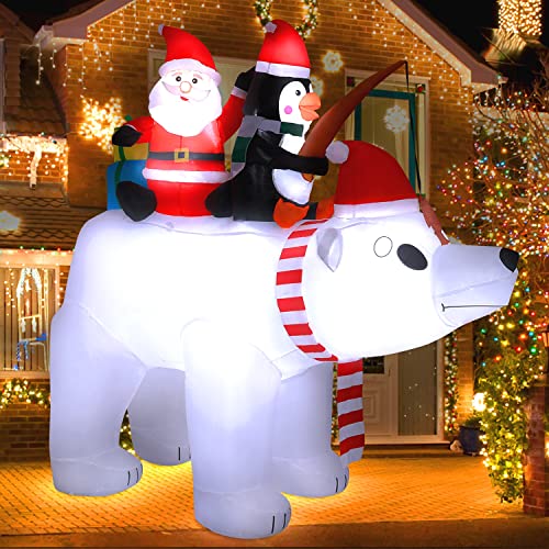 Christmas Inflatables 7Ft Christmas Decorations Polar Bear with Penguin Santa Outdoor Christmas Inflatable Blow Up Christmas Decorations Built-in LED Lights with Tethers, Stakes for Outdoor Yard Lawn