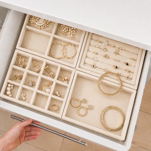 Image of La Trove Set of 4 Stackable Jewelry Organizer Trays for Drawer, Cream | Stackable set of 4 velvet trays for rings, earrings, necklaces, jhumkas and bangles, ideal for drawer jewelry storage