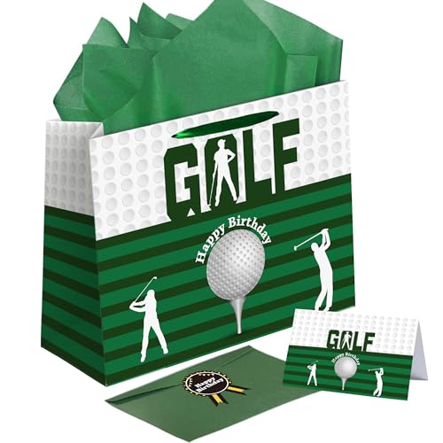 Sumerk Golf Geburtstag Geschenktüte mit Seidenpapier und Grußkarte, Umschlag und Aufklebern – Geschenkverpackungstüte zum Geburtstag mit Golfthema...