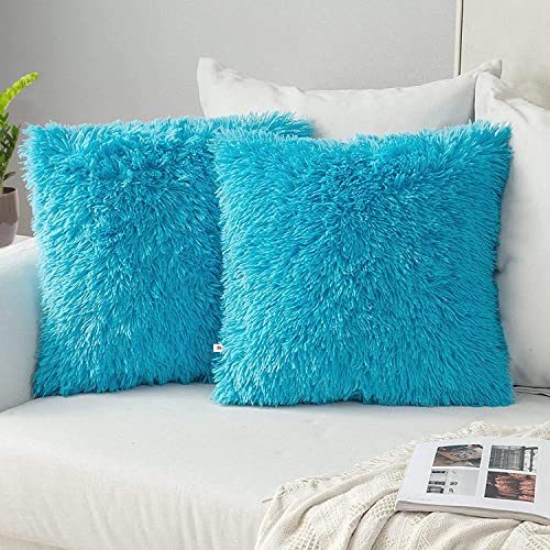 Image of Sky Blue Square Shape Cushion Covers Furry Pillow Covers 18 inch x 18'' Pack of 2