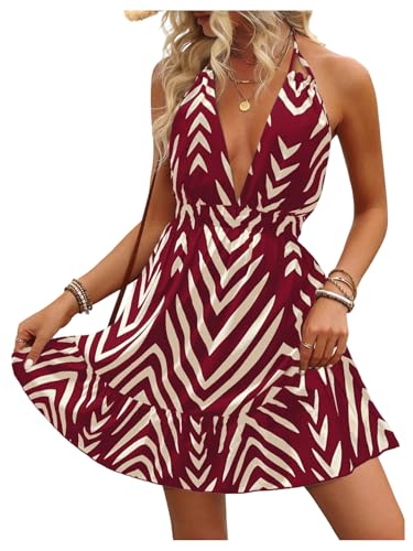 Image of SweatyRocks Women's Printed Tie Backless Mini Dresses Ruffle A Line Sleeveless Low Cut Halter Dress