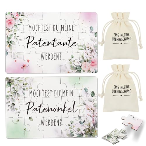 2* Puzzle Patentante und Patenonkel Fragen Möchtest du Meine Patentante Mein Patenonkel Werden Schwangerschaft verkünden Taufpatin Geschenk Taufpaten Fragen Geschenkideen für Geburt Taufe (Blume)