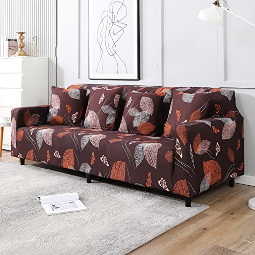 Image of HOKIPO 95% Polyester, 5% Spandex Elastic Stretchable Sofa Cover 4 Seater, Dark Brown Leaf (AR-4096-D19)