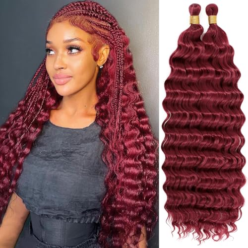 Eerya Long Curly Braiding Hair 18 Inch 2 Packs Burgundy Ocean Wave Crochet Hair for Black Women Deep Wave Braiding Hair for Boho Braids (18 inch BUG)