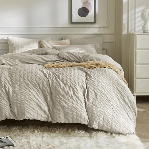 Image of JELLYMONI Beige Duvet Cover Queen Size, 3pcs Washed Microfiber Bedding Set, Soft Breathable Seersucker Duvet Cover Set with Zipper Closure and Corner Ties for All Seasons