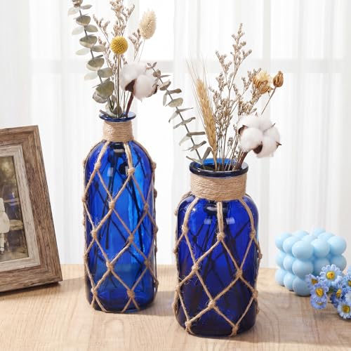Image of Chuangdi Set of 2 Coastal Glass Flower Vase with Boho Rope, Deep Sea Blue