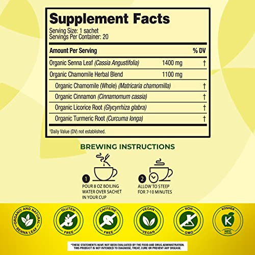 Senokot Dietary Supplement, Natural and Organic Senna Leaf, Laxative Tea for Occasional Constipation, 20 Wrapped Pyramid sachets, Certified Organic. - Thumbnail 6