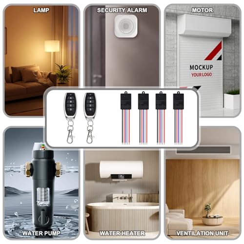 433MHz RF Funk Fernbedienung Schalter 12V Funkschalter, Kabelloser Lichtschalter DC 5V 12V 24V 10A Relais Empfänger mit 4 Sendern, 100M Langstrecken, 4 Wege Fernschalter für Motor, LED Licht, Tortür