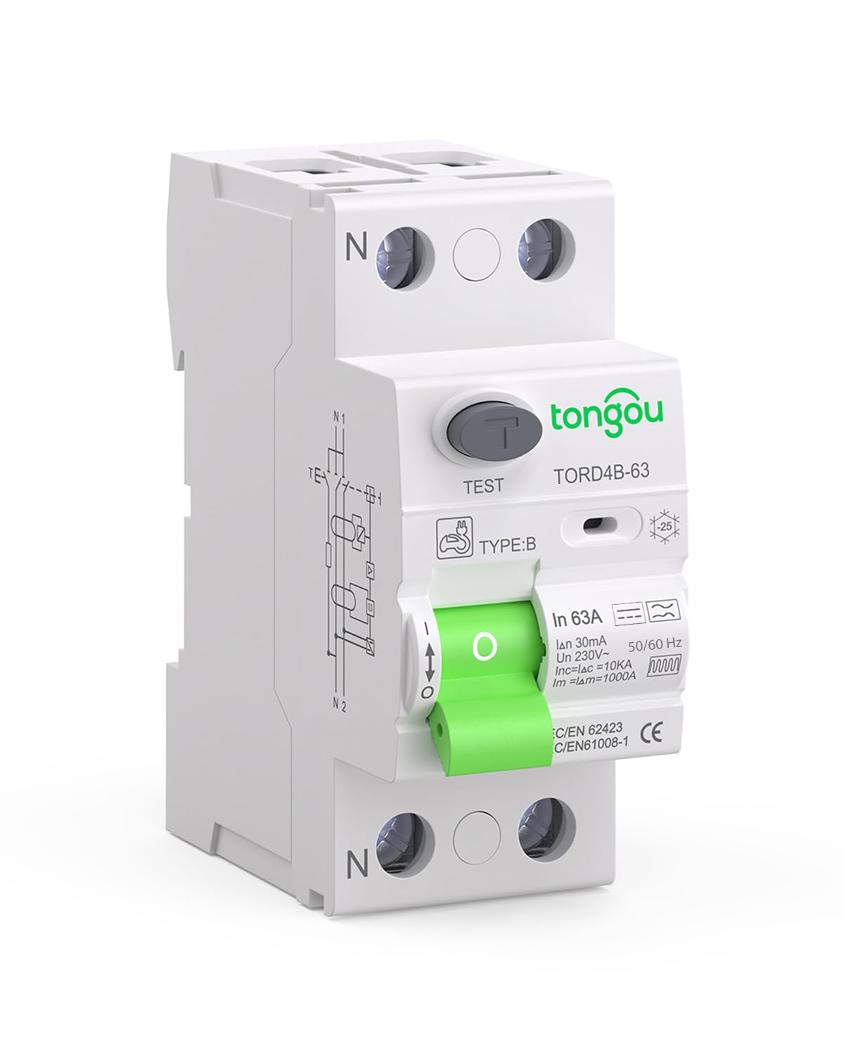 TONGOU Disjoncteur Différentiel 30mA 63A Type B 230V 1P+N - Conçu pour les Bornes de Recharge de Véhicules Électriques et les Systèmes Photovoltaïques