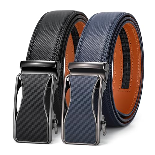 VONMELLI Mens Belt 2 Pack, Leather Ratchet Belt for Men Dress Belt with Adjustable Buckle, Trim to Fit