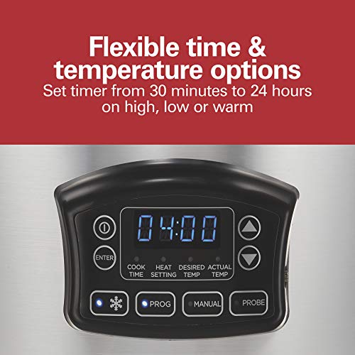 Image of Hamilton Beach Portable 6 Quart Set & Forget Programmable Slow Cooker | Defrost Setting | Lid Lock For Easy Travel | Dishwasher Safe Crock & Glass Lid | Silver | 33869