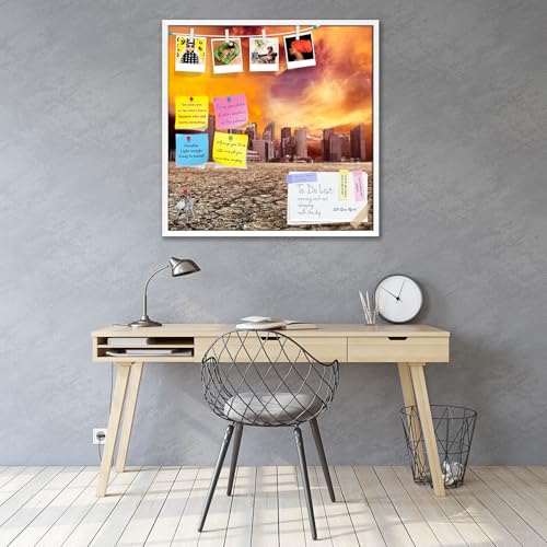 Image of ArtzFolio City Overlooking Desolate Desert | Bulletin Board Notice Pin Board | Vision Soft Board Combo with Thumb Push Pins & Sticky Notes | White Frame | 20 x 20 inch (51 x 51 cms)