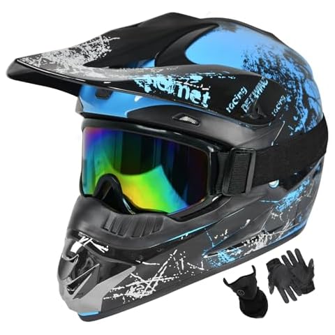 Dirt Bike Helmets Youth Motocross Helmet Fashion Adult Motorcycle Helmet Off-Road Moutain Bike Helmet DOT Approved 4Pcs Set (Blue, X-Large) Cover