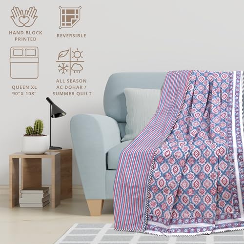 Image of TOAIArt Premium Jaipuri Dohar | AC Blanket Summer Quilt | Hand Block Printed | 3 Layers | Reversible | 150GSM 100% Mulmul Cotton | 100% Cotton Flannel Filling | Queen 90 inch X 108 inch | Spanish Villa