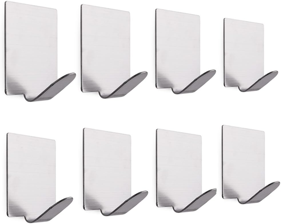 8 Pcs 3M Self Adhesive Hook, Stainless Steel Towel Robe Coat Hat Brush Spoon Wall Hanger Stick-up Door Key Rack for Bathroom Kitchen