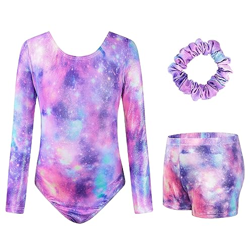 Surgoal Gymnastics Leotards for Girls with Short Long Sleeve Sparkle Ballet Dance Unitard Gymnastics Athletic Outfit 3Pcs for Kids 9-10 Years