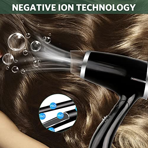 Folding Blow Dryer for Travel Compact Hair Dryer 1000 to 1200W Professional Small Negative Ionic Women Lightweight Hair Dryer with Diffuser,Mini 7.9 * 6.5 Inch,Gifts for Women (Black)