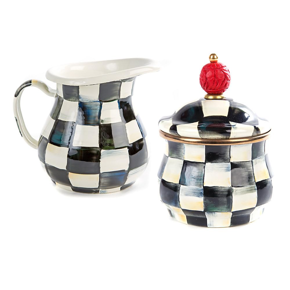 MACKENZIE-CHILDS Enamel Creamer and Sugar-Bowl Set, Cream Dispenser and Sugar Holder, Unique Kitchen Decor, Black-and-White Courtly Check
