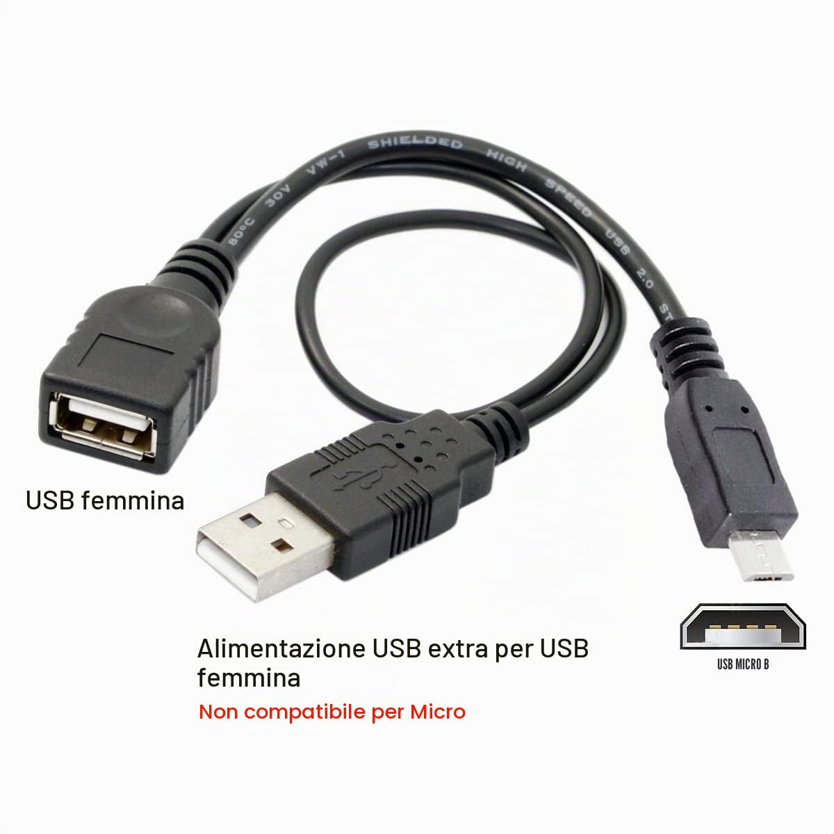 Cablecc - Cavo micro USB 2.0 per memoria flash OTG con alimentazione USB per Galaxy S3 i9300 S4 i9500 Note2 N7100 Note3 N9000 e S5 i9600, nero