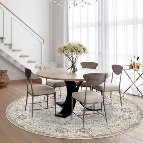 KUTA Oriental Round Rugs 6ft, Ivory Grey Yellow Circle Rug Washable 6ft, Non-Slip Printed Vintage Medallion Carpet for Living Room Dining Kitchen Indoor Entryway