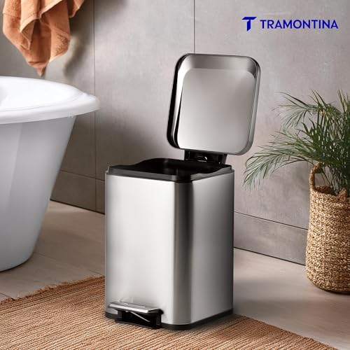 Image of TRAMONTINA 20 Litre Stainless Steel Step Dustbin | Fingerprint-Resistant Finish | Soft-Close Lid | Removable Inner Bucket | Square Trash Can for Home, Office & Hospitality