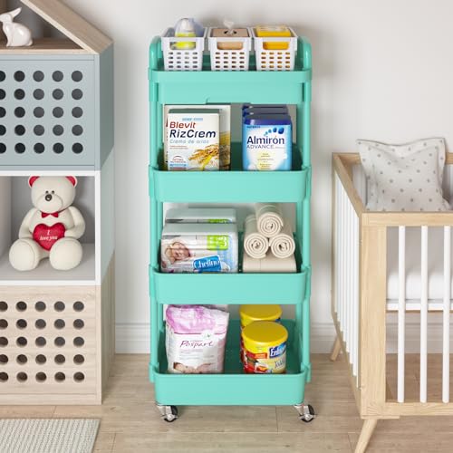 Image of Calmootey 4-Tier Utility Cart with Drawer & Wheels, Storage for Home,Office | Space-Saving Organizer, Sturdy Plastic Shelves, Smooth-Rolling Metal Wheels, Built-in Drawer for Small Items, Green