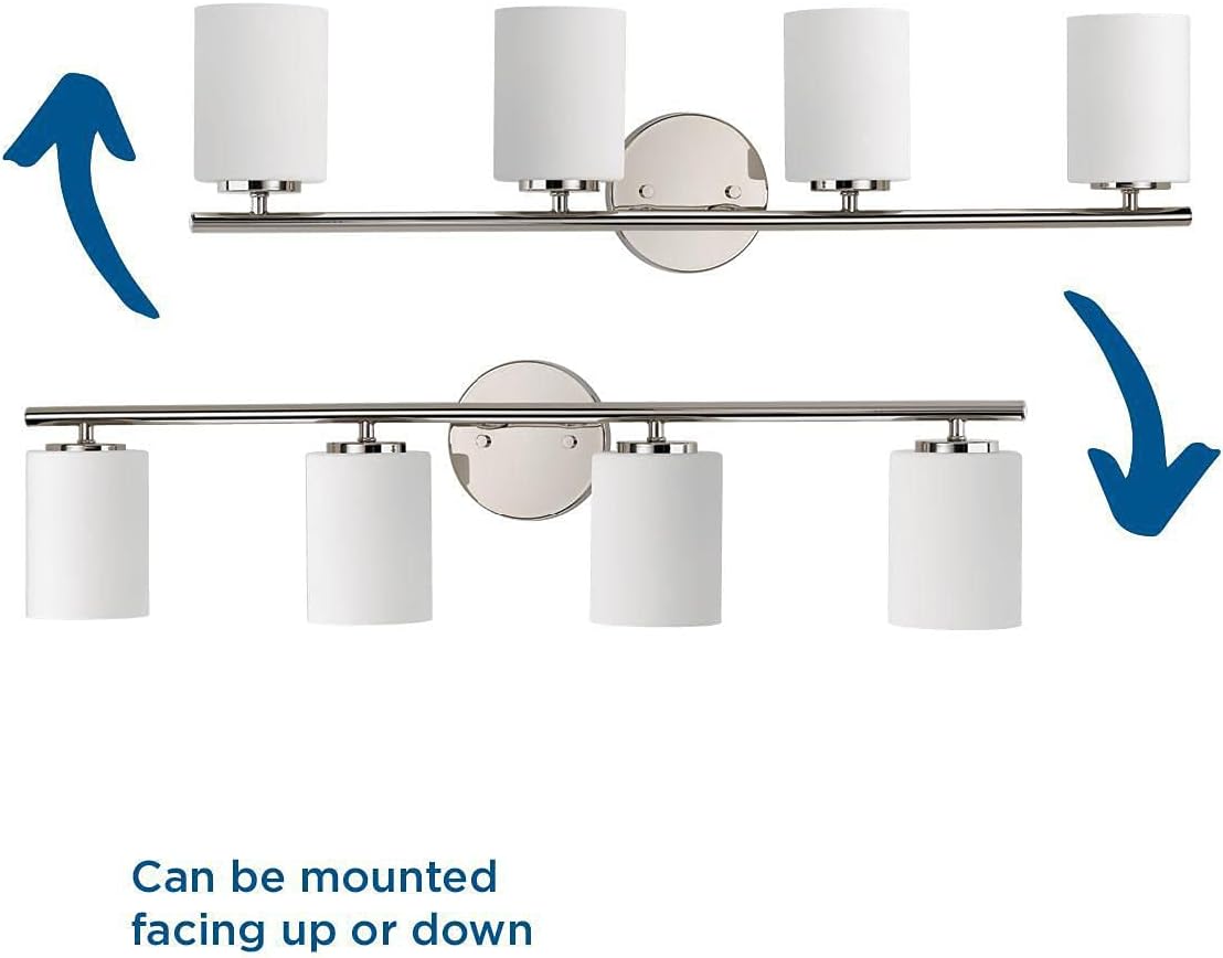 Progress Lighting Replay Collection 4 Light Bathroom Vanity Light, Modern Bath Lighting Fixture with Etched White Glass Shades for Over The Mirror, Reversible Mounting, Polished Nickel