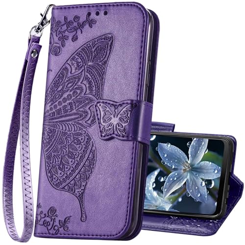 KRHGEIK for Moto G Play 2024 Phone Case Wallet,Women Butterfly Embossed PU Leather Kickstand Card Holder Slots Wrist Strap Flip Cover Purse for Motorola Moto G Play (2024) (Purple)