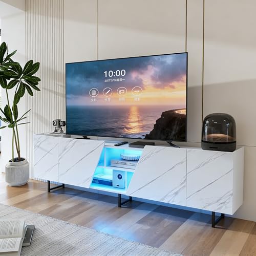 BRILVERDE Mueble de TV con iluminación LED de mármol blanco brillante, 220 cm, mueble bajo para TV con puerta, espacio de almacenamiento y aparadores, para salón (blanco, 220 cm)